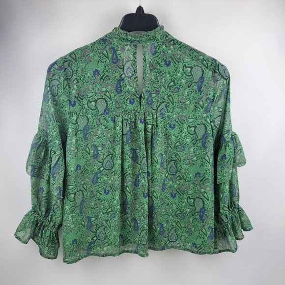 Lucky Brand Womens Peasant Tie Ruffle Sleeve Keyhole Blouse Green Paisley M - Picture 3 of 9